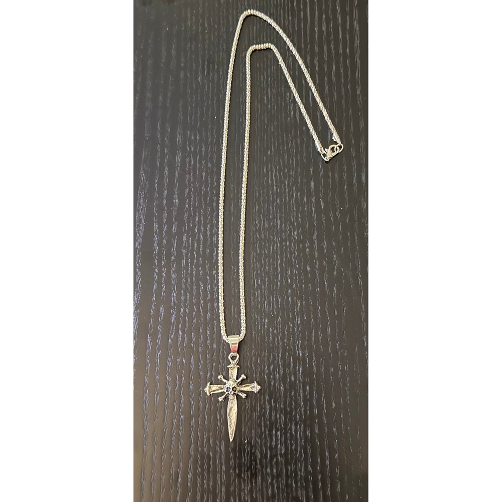 Gothic Dagger Cross Skull Pendant Necklace‎ Silver Tone Chain